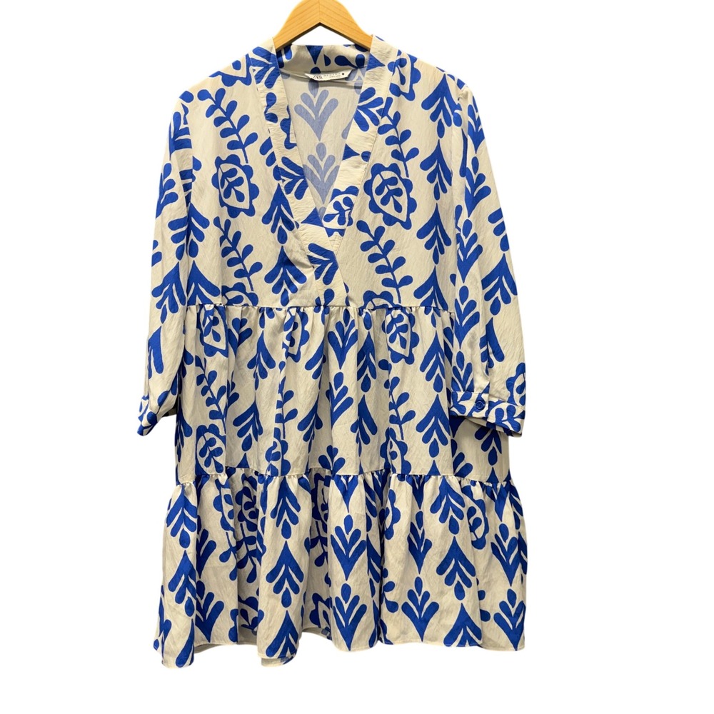 Zara Dress Womens XL Printed Mini Tiered Blue White Floral V-Neck Boho Coastal